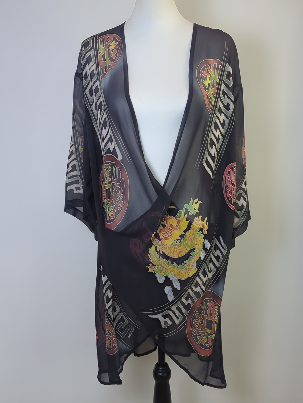 CeCe 100% Silk Black Sheer Imperial Dragon Kimono Cardigan Duster Wrap OS